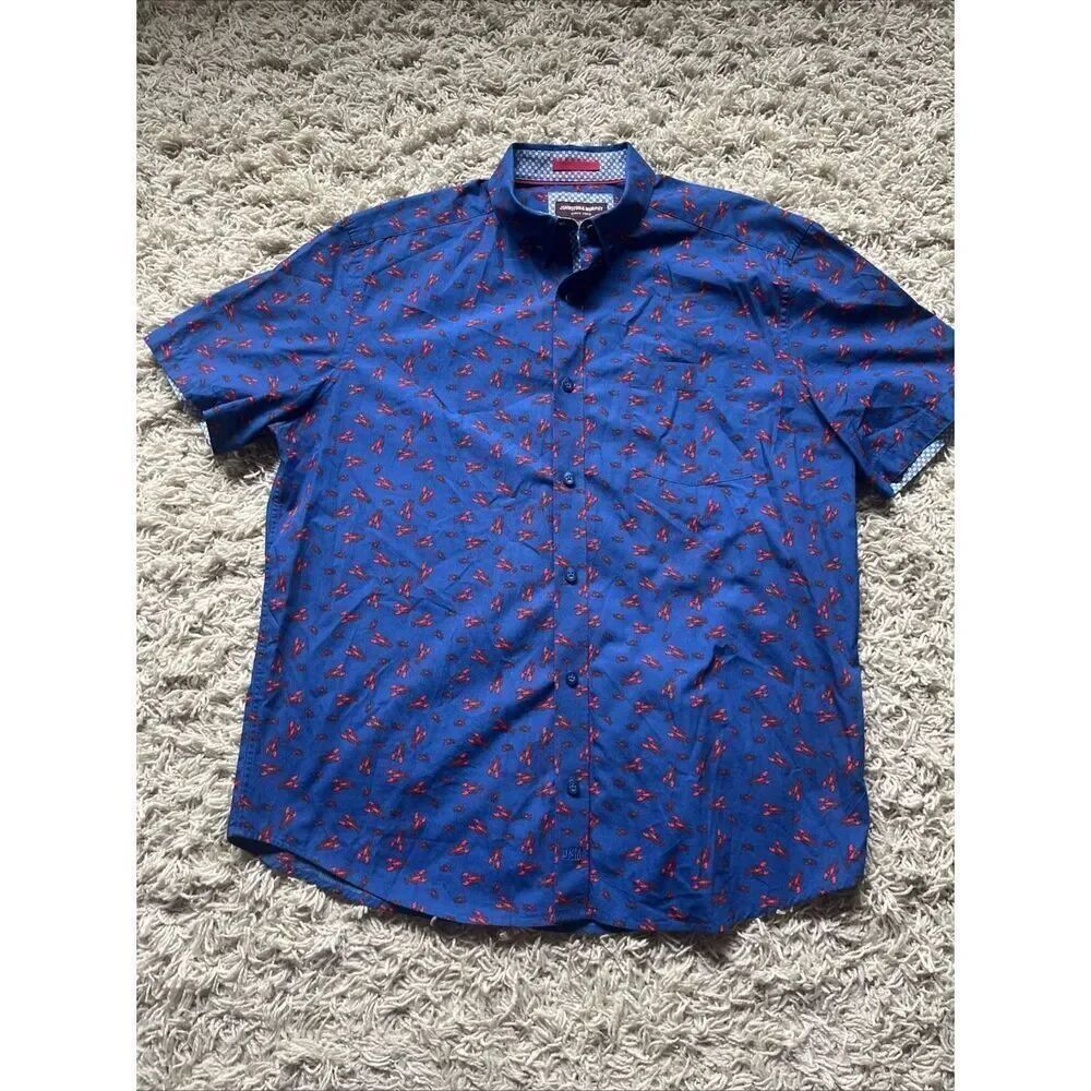 Johnston Murphy Shirt Mens Large Blue Lobster Print Short Sleeve Casual